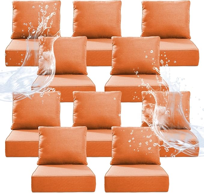 6" Thicker Outdoor Chair Cushion 10 Sets - 24" *24" *6" Waterproof Patio Furniture Cushions with Removable Cover, 28D High Density Sponge Filling Thicken Outdoor Patio Cushions - Orange