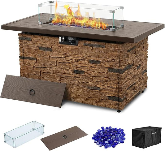 PIZZELLO 43” Propane Fire Pit Table Outdoor Rectangular Stone Firepit Table 50,000 Btu Propane Fire Tables for Outside Patio with Glass Wind Guard, Lid, Fire Glass Beads,Brown Rock Look