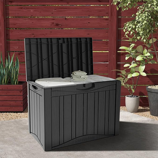 50GAL Black Deck Box with Unique Pattern and Lock Hole - Waterproof, Durable Resin Construction, SGS Sun Protection, Ideal for Storing Outdoor Furniture Covers, Effortless Assembly