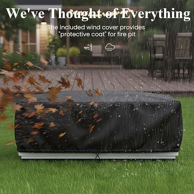 LayinSun 42 Inch Outdoor Fire Pit Table for Outside Patio, 55000BTU Rectangle Propane Firepit with Hidden Fuel Tank, Glass Wind Guard, Waterproof Cover and Lid