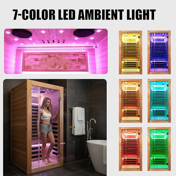RIGO Single-Person Infrared Sauna Cabin, 1350W okoumé Wood Home Sauna Cabin 35.43×35.43×70.87 inches, Featuring a Starry Sky Light with Colour-Changing LED Strip Lighting, Indoor Personal Sauna spa.