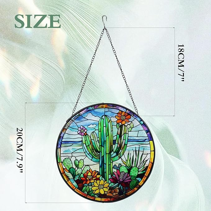 Wkyqes Cactus Handmade Stained Glass Window Hanging Suncatcher with Chain - 7.9" Arizona Outdoor/Indoor Art Decor for Home Garden, Wedding, Mother's, Valentine's & Christmas Ornaments Present