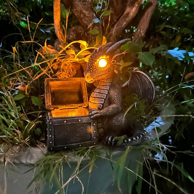 Jy.Cozy Garden Dragon Statue Solar Powered Outdoor Figurine Light Decor Cute and Hold Glowing Treasure Chest Resin Sculpture Home Decoration for Porch Patio Lawn Farm Yard Housewarming Ornament Gift