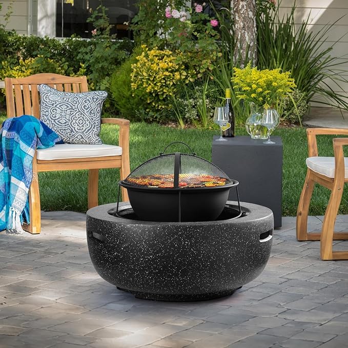 Outdoor Round Fire Pit 23.5” Faux Concrete Burning Firepit Portable Charcoal Grill for Patio Garden Backyard Barbecue, with Spark Screen, Firebowl, Poker, Stainless Steel Rack