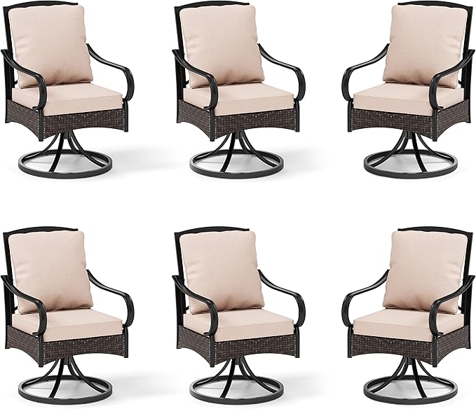 MFSTUDIO Outdoor Dining Chairs, Patio Chair Set of 6 with Thickened Cushions, Metal Wicker Patio Swivel Dining Chairs, Outdoor Swivel Chair Set for Table, 300lbs