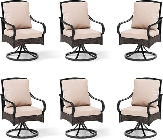 MFSTUDIO Outdoor Dining Chairs, Patio Chair Set of 6 with Thickened Cushions, Metal Wicker Patio Swivel Dining Chairs, Outdoor Swivel Chair Set for Table, 300lbs
