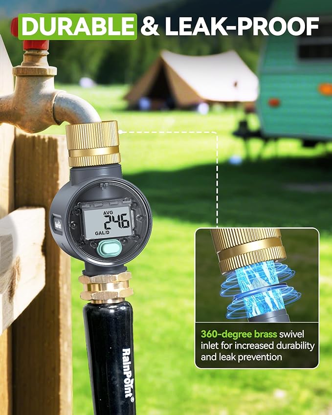 RAINPOINT Water Flow Meter with Brass Inlet, Water Meter for RV Tank Filling, Garden Hose Watering, Lawn Sprinkler & Nozzle Sprayer, ±5% Accuracy, Max Measured Consumption of 9999.9 Gallon/Liter