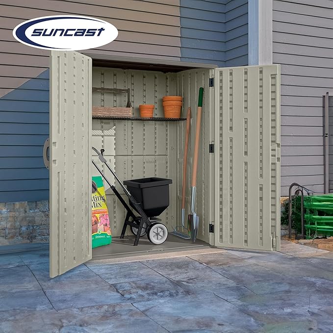 Suncast Outdoor Storage Cabinet Waterproof Resin Vertical Outdoor Storage Shed (54 cu. ft.) for Patio, Garden Tools, Cushions, & Equipment. Weatherproof Plastic Multi-Wall Design, Capacity Made in USA