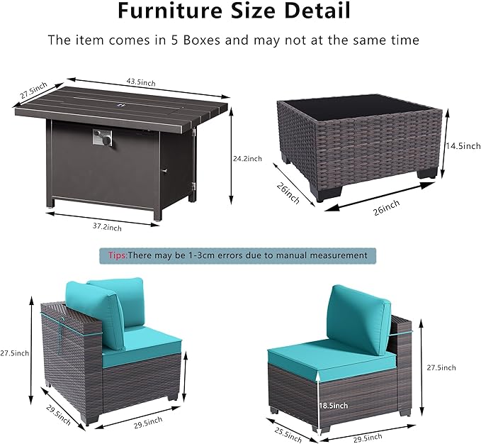 Outdoor Terrace Furniture Set, 8 Piece Outdoor Furniture Set, with 43 inch Aluminum 55004 BTU Propane fire Pit, PE Willow Vine Terrace Dialogue Set - Teal.
