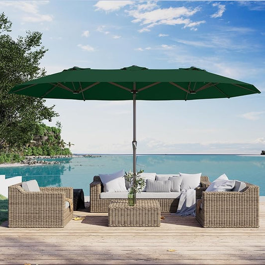 PatioKingdom 15FT Large Patio Umbrella with Base, Double Sided Rectangular Outdoor Umbrella with Sturdy Fiberglass Ribs, Market Umbrella for Pool,Garden,Backyard,Deck (Dark green, 15FT)
