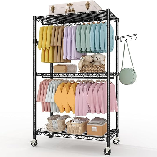 Heavy Duty Rolling Clothes Rack with 22 mm pipes, 694LBS Metal Garment Rack for Hanging Clothes, Freestanding Clothing Racks with Adjustable Storage Shelves Hanging Rod & Side Hooks
