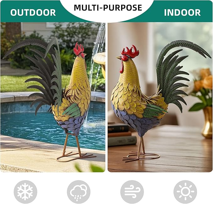 Ultym 32" Metal Rooster Decor, Large Outdoor Garden Statues, Metal Chicken Sculpture for Backyard Patio Kitchen Decor