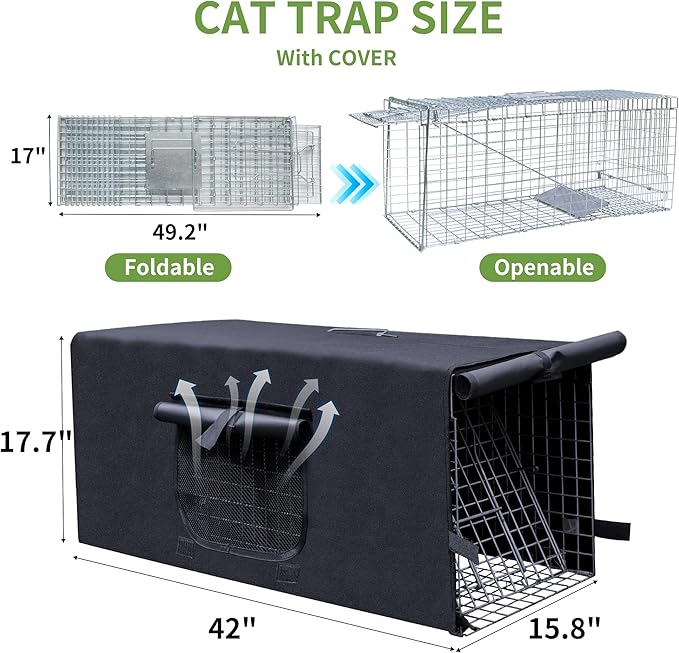Live Animal Trap Cage with Cover, Cat Trap for Stray Cats 42 Inch Heavy Duty Folding Skunk Traps with Real Door for Raccoons, Opossums, Groundhogs, Skunks, Feral Cats, Squirrels