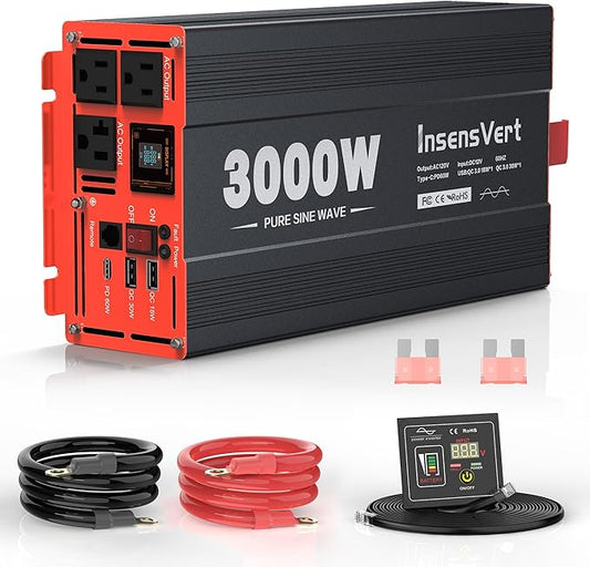 3000W Pure Sine Wave Inverter, Car Power Inverter 12V to 120V AC Converter for RV, Truck, Solar, Outdoor with Dual AC and 20A Socket, 18W+30W USB, PD60W, Surge 6000W, Remote Control(3000W-12V)