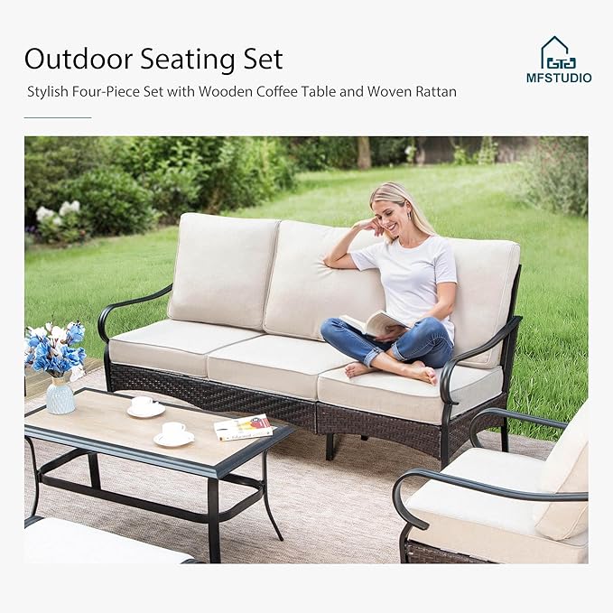 MFSTUDIO 7 PCS Outdoor Patio Furniture Set, Metal Outdoor Conversation Set, Rattan Wicker Patio Sectional with 2 x Swivel Single Sofa, 2 and 3-Seat Sofa, 2 x Ottoman, 1 x Coffee Table, Beige