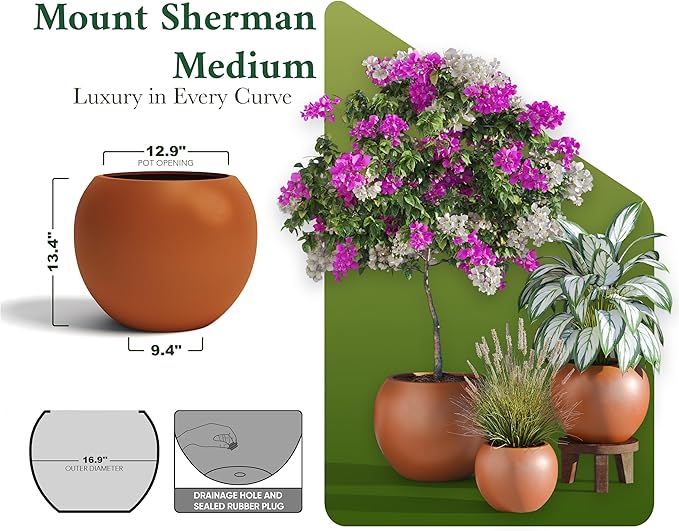 DTY Signature Mount Sherman Modern Indoor Outdoor Fiberstone Sphere Planter, Durable Round Garden Pot, Weather Resistant, Drainage Hole & Rubber Plug, Planter for Christmas Tree - Medium, Terracotta