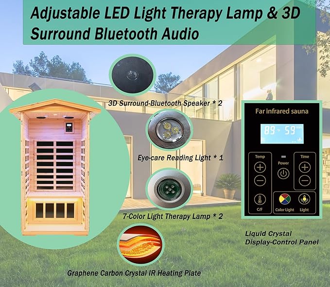 LTCCDSS 1-Person Low EMF Outdoor Far Infrared Sauna - Wisconsin Basswood Saunas for Home - Bluetooth Speakers, LED Reading Lamps, Chromotherapy Lights (45.7 * 39.4 * 79.5 inch)