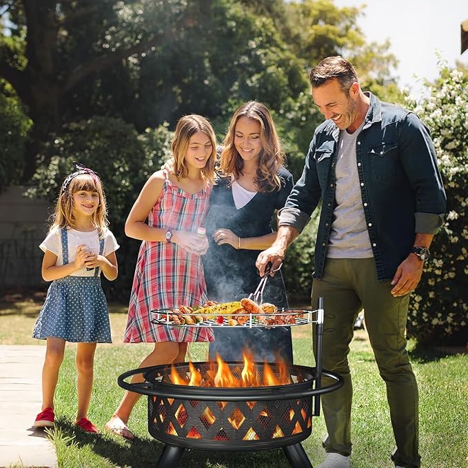 Amopatio Outdoor Fire Pit with Mat & Cover, 30 Inch Large Wood Burning Fire Pits, Patio Backyard Firepit with Steel BBQ Grill Cooking Grate, Spark Screen & Poker for Garden, Bonfire, Camping, Picnic