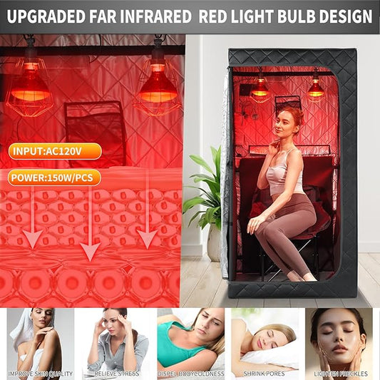 Portable Personal Far Infrared Sauna Box for Home with 660nm Red Light Threapy Bulbs, Remote Control, Heating Foot Pad, Upgraded Comfortable Chair