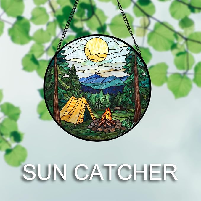 QZQCBLC Stained Glass Window Hanging Yellow Tent Forest Scenery Large 11.8" - Sunset Suncatcher Door Garden Sun Catcher Home Decor Birthday Christmas for Mom Men Woman Nana Friend
