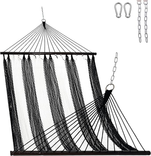 Lazy Daze Hammocks 10.5 FT Double 2 Person Caribbean Rope Hammock, Hand Woven Polyester Hammock with Spreader Bars, for Outside Outdoor Backyard Patio Poolside, 450 LBS Capacity, Black/White