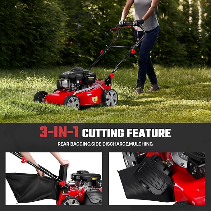 3-in-1 Self-Propelled Lawn Mower, 131cc Gas Engine, Push Mower with 50L Grass Catcher, Adjustable Cutting Height (25-75mm), Rear-Wheel Drive Lawn Mower for Easy Maneuvering (Red)