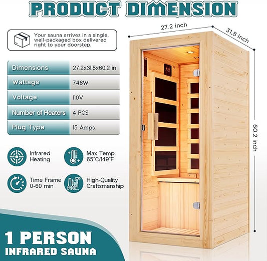 Albott Infrared Sauna 1 Person, Infrared Saunas for Home, 746W/110V Spruce Wood Dry Sauna with Foot Warmer, Easy Assembly – Compact Indoor Spa, 149℉ Fast Heating, LED Light, 27.2"x31.8"x60.2"
