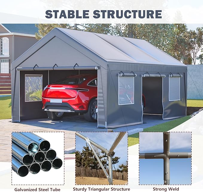 13x20 FT Canopy with 2 Roll-Up Doors,Waterproof Party Tent w/Steel Frame & Ventilation Windows,Carport & Storage Shelter for Vehicle,Car,Grey