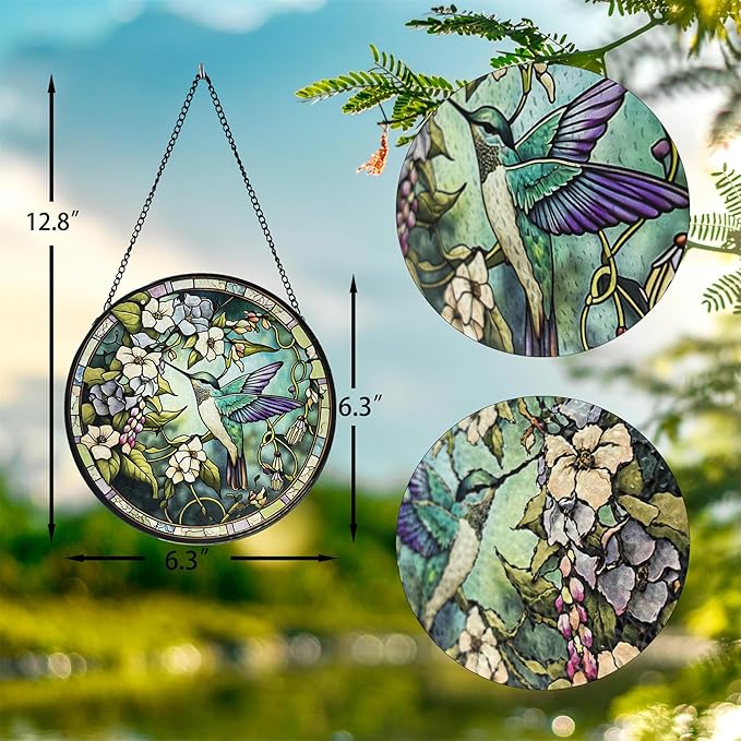 Stained Glass Sun Catcher,Fly HummingbirdStained Glass Window Hanging Garden Decor,Sun Catchers Indoor Window,Whimsical Decoration for Home Backyard Patio Lawn Porch with 6.3 INCH