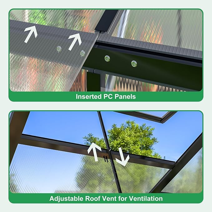 WKM 10x12 FT Polycarbonate Greenhouse, Enhanced Aluminum Frame Greenhouses for Outdoors Withstands Strong Wind or Snow with Roof Vent, Walk-in Green Houses for Outside Garden Backyard, Black