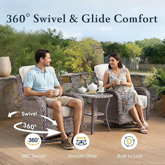 Belord Luxury 6" Thick Cushioned Outdoor Swivel Rocker Patio Chairs Set of 4 with Side Table, High Back Wicker Furniture Set with Ergonomic Zone Back, Conversation Set for Deck Porch - Brown+Beige