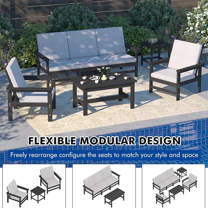 4-Piece HDPE Patio Furniture Set, All-Weather Outdoor Sectional Sofa Set with Coffee Table & Cushions - Wood-Like Composite Conversation Couch for Deck, Lawn, Balcony - Black Frame