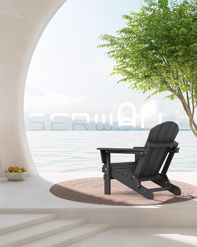 SERWALL Folding Adirondack Chairs Patio Chairs Lawn Chair Set of 8 Outdoor Adirondack Chair Weather Resistant for Patio Deck Garden, Backyard Deck, Fire Pit - Black