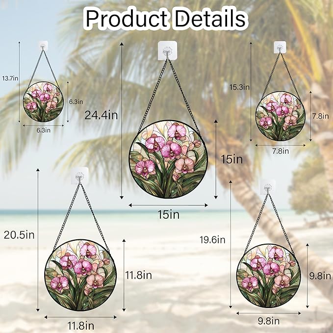 AMDERVEN Stained Glass Window Hanging - Pink Phalaenopsis Orchid Green Leaves Sun Catcher for Door Home Decor Flower Suncatcher Christmas Mother's Day Birthday Gifts for Women Men Mom Nana 9.8 in