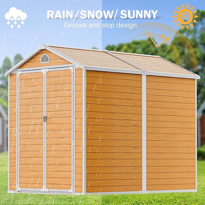 CDCASA 8x6 FT Resin Shed, Waterproof Large Outdoor Storage Shed with Floor Included & Vents, Outside Plastic Tool Shed for Garden Patio Poolside Lawn, Wood-Like Brown