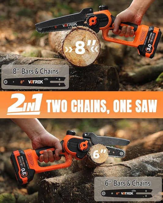 VOTREK Unique Gift for Men: Mini Chainsaw Cordless 8 inch & 6 inch, Powerful & Safe Electric Handheld Chain Saw with 2 Batteries, Ultimate Garden Gift for Dad, Husband, Father, Christmas & Birthdays