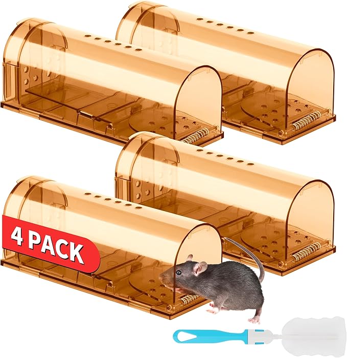 LULUCATCH Humane Mouse Traps 4 Pack, Live Mouse Traps, Catch Release Mouse Traps Indoor for Home, Reusable with Cleaning Brush, No Kill Mole Squirrel Rat Traps for House & Outdoors, Pet Safe
