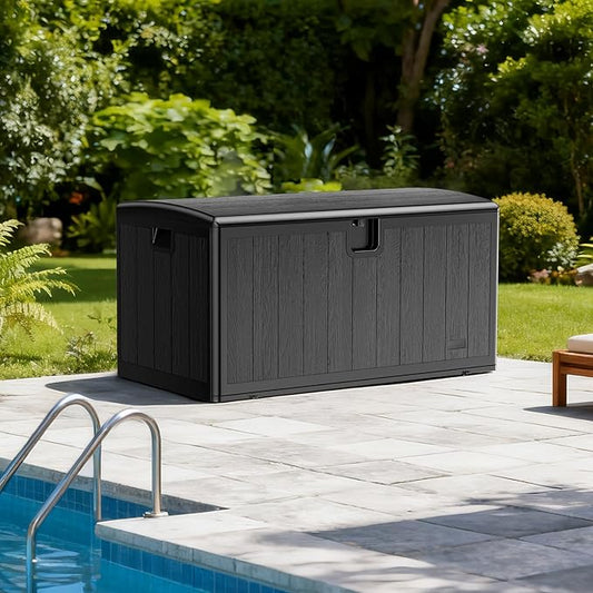JEKO&JEKO 110 Gallon Outdoor Storage Box – Large Plastic Deck Box with Lockable Lid for Patio Furniture, Garden Supplies, and Shoes, Black
