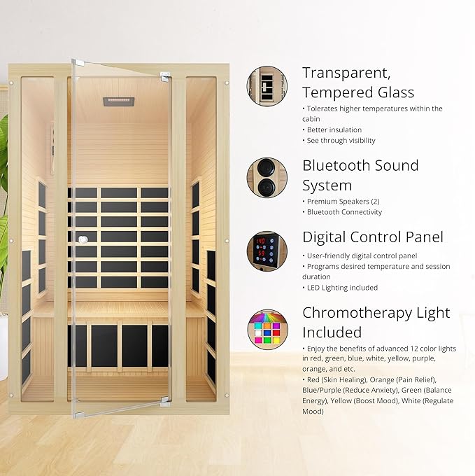 JNH Lifestyles Ensi 2-Person Home Infrared Sauna with Red Light Therapy, Ultra-Low EMF - Indoor Personal Luxury Spa for House and Gym