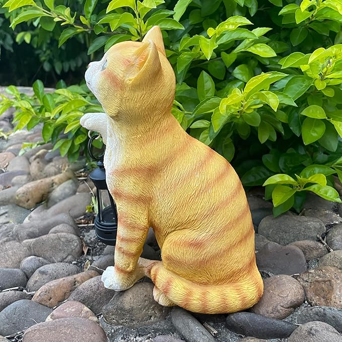 halp·ssfm Garden Decor Solar Cat Statues with Solar Lantern Outdoor Decor Lovely Tabby cat Figurine Halloween Yard Decoration Spooky Lawn and Garden Decor Holiday Party Ornament for Cat Lovers
