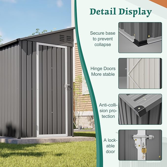 4×8 FT Lean to Metal Shed,Outdoor Heavy-Duty Storage Shed with Floor Base,All Weather Waterproof Garden Tool House W/Lockable Door&2 Air Vents,Reversible Door Design,for Backyard,Patio,Lawn,Gray
