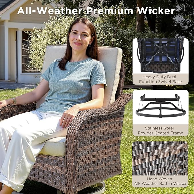 Patio Wicker Chairs Swivel Rocker Outdoor Rocking Chairs Set of 7 Rattan Furniture Set with Thick Cushion, Sofa, Ottomans for Balcony Deck Backyard, Beige