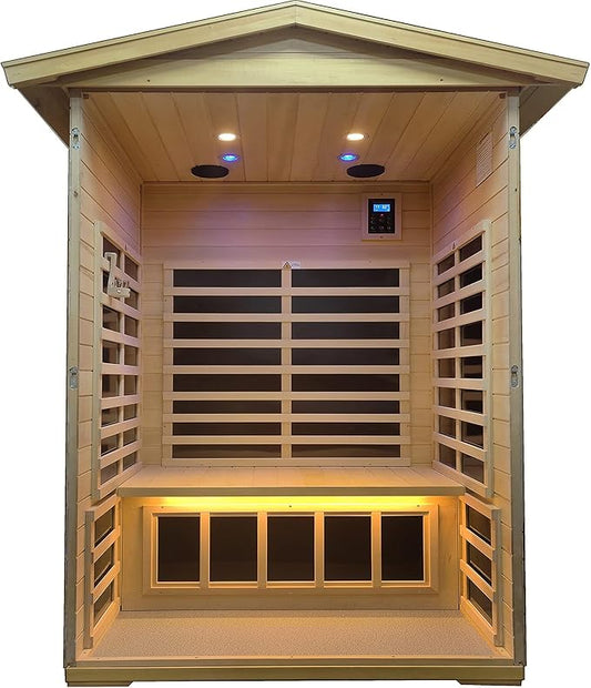 LTCCDSS Outdoor Basswood Sauna 2 Person | Far Infrared Sauna, Withstand Outdoor Temp -5℉-104℉| Low EMF Sauna Room for Home-9 Low EMF Heaters-Chromotherapys-Bluetooth Speakers