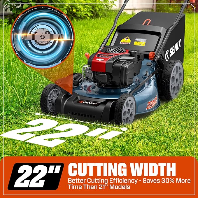 SENIX 22-Inch Self-Propelled Gas Lawn Mower with 150cc B&S EX625 Engine, 3-in-1 (Mulching, Bagging, Side Discharge), 6 Adjustable Cutting Heights (1.25” - 4”), Durable Steel Deck, Rear-Wheel Drive