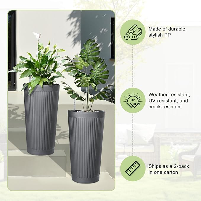 24" Tall Self Watering Planters for Indoor Plants, 2 Pack Large Plastic Outdoor Planter Pots with Built-In Water Reservoir and Level Indicator, Decorative Modern Flower Pots for Home & Patio (Grey)