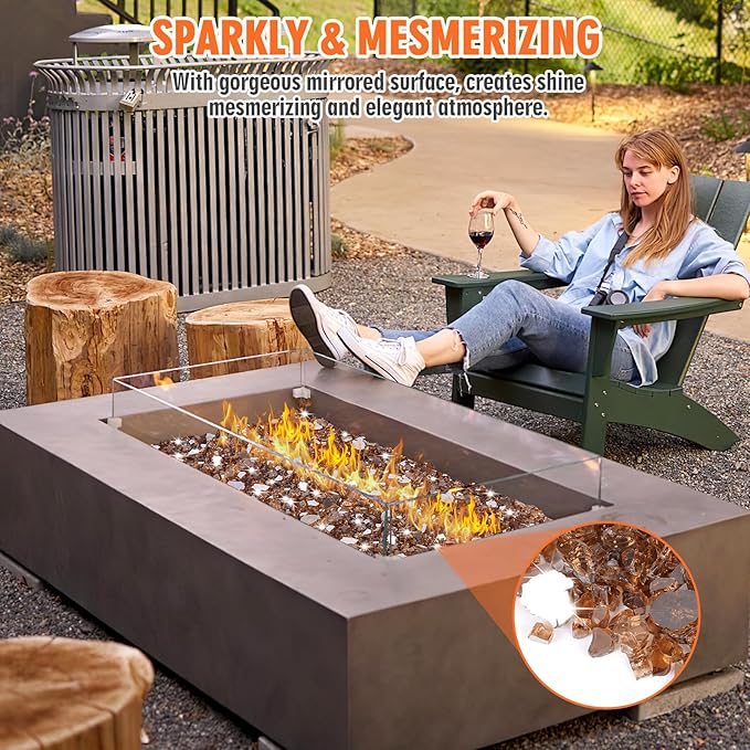 Mesida Fire Glass for Propane Fire Pit, 1/2 Inch Reflective Firepit Glass Rocks for Fireplace, Outdoor Fire Table & Landscaping, 10 lbs Tempered High Luster Glass,Copper