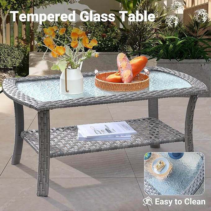 ovios 2 Pieces Patio Furniture Set, Outdoor Wicker Sofa with Glass Coffee Table, All Weather High Back Rattan Loveseat Couch 2 Seats with Comfy Cushions, Denim Blue