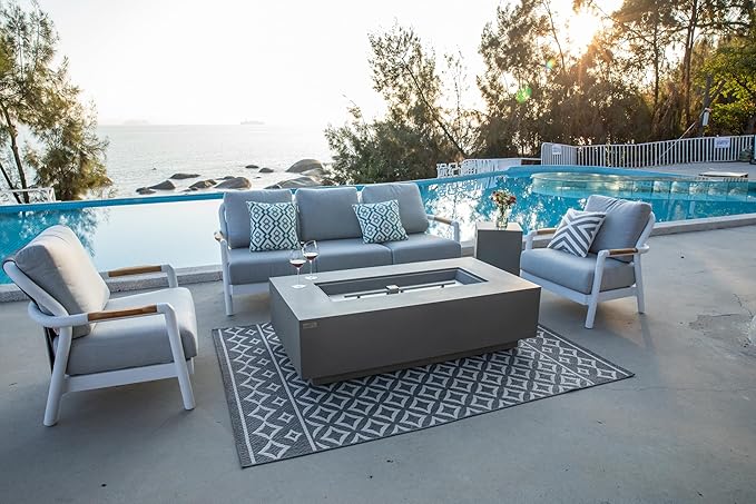 AMS Creations | Madison 60" Rectangular Propane Gas Outdoor Fire Pit Table | Light Gray Concrete GFRC | Smooth Texture or Surface | Electronic Ignition | Outside Backyard Fireplace