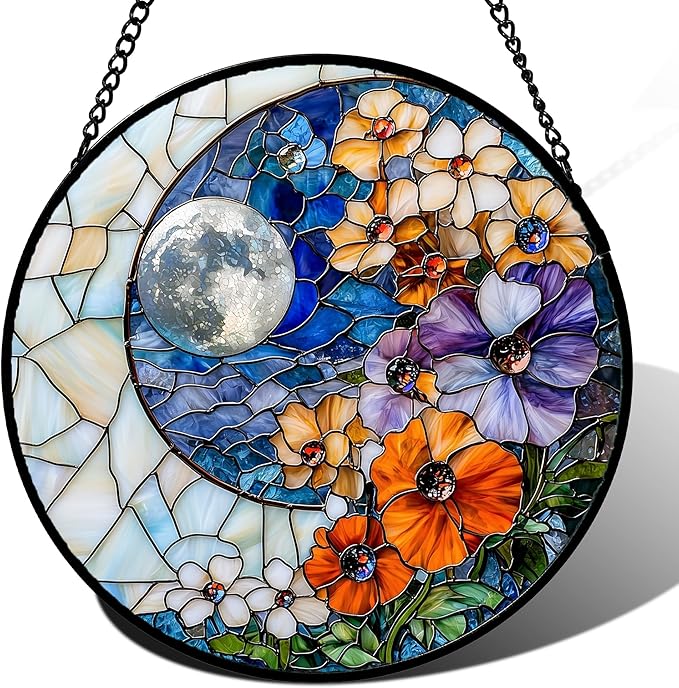 JOSUMALY Stained Glass Window Hanging - Blue White Moon Suncatcher for Door Terrace Garden Home Decor Colorful Flowers Sun Catcher Birthday Gifts for Lovers Women Men Dad Mom Nana 11.8 in
