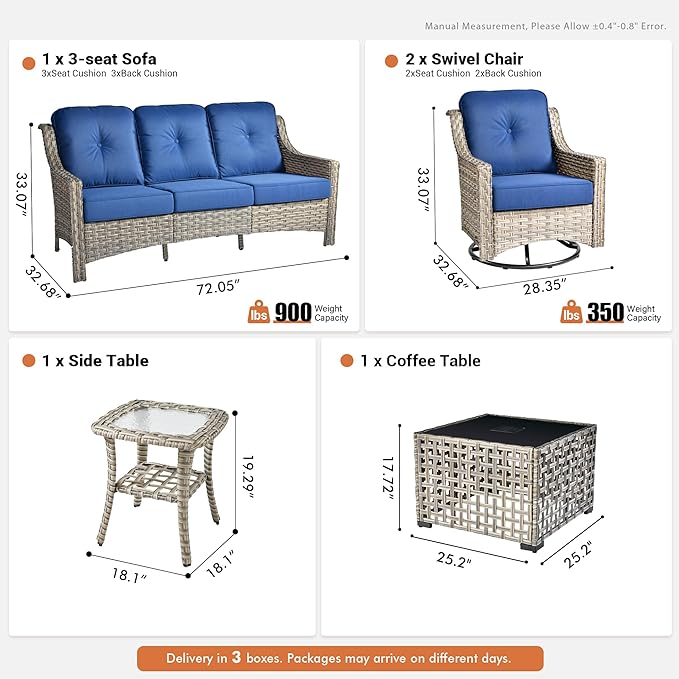 5 Pieces Patio Outdoor Furniture Set with Swivel Rocking Chairs,All Weather Wicker Rattan Patio Seating Sofa and Chair Set w/ Glowing Table,Outdoor Conversation Sets for Deck Yard Garden,Navy Blue